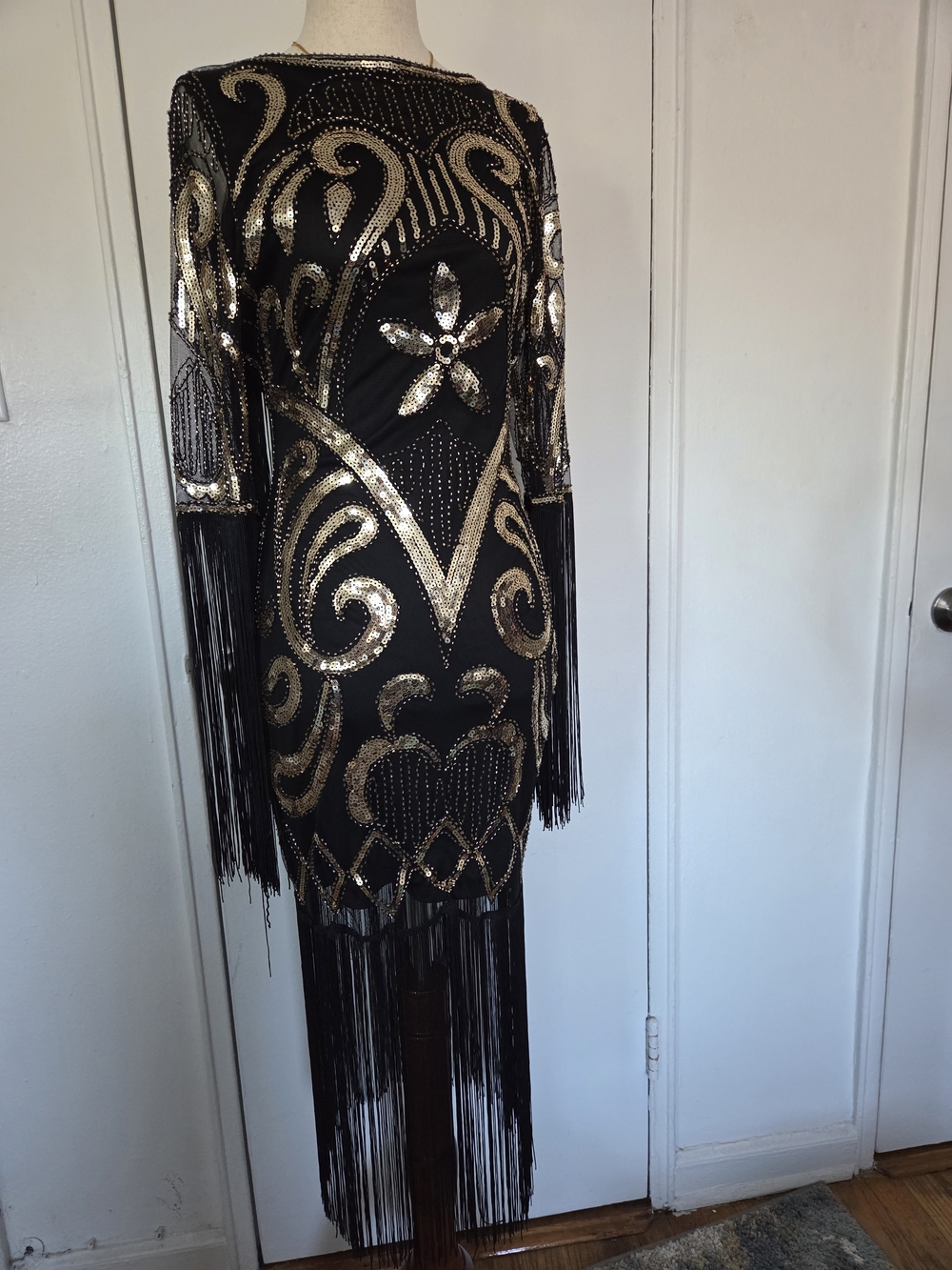 Black & Gold Sequin Fringe Cocktail Dress
